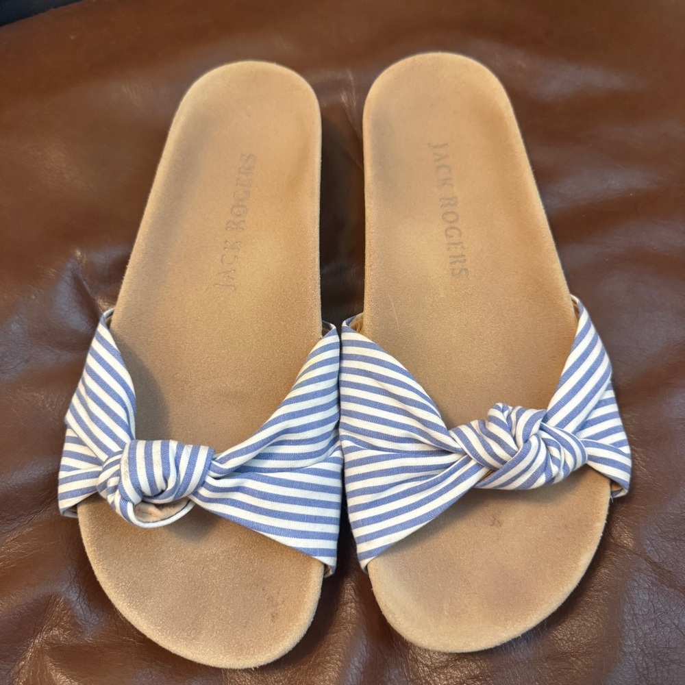 Jack Rogers Phoebe Knotted Comfort Slide Sandals Blue Striped Fabric